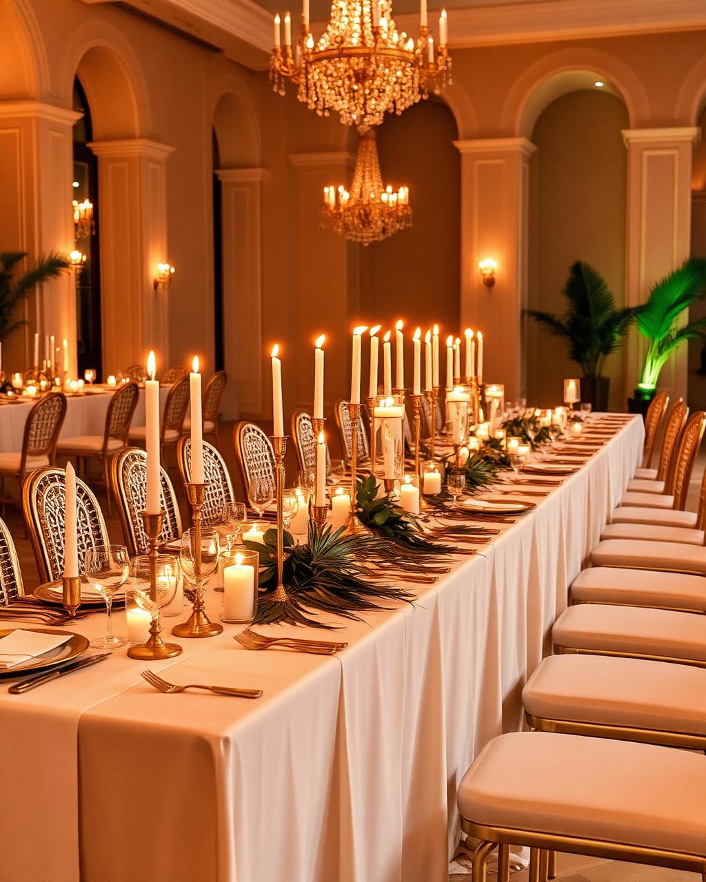 Candlelight and brass: dressing the long banquet table